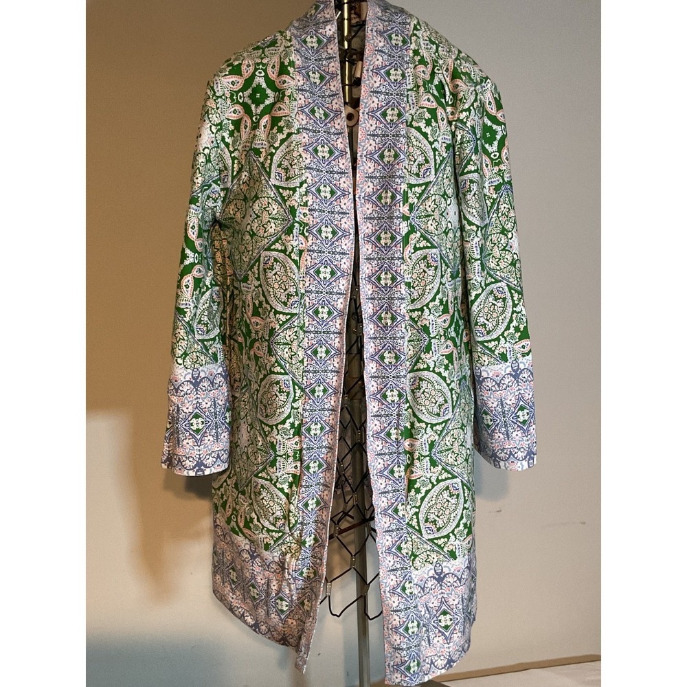 Isaac Mizrahi Live Green Blue Paisley Medallion Open Front‎ Cardigan Small S